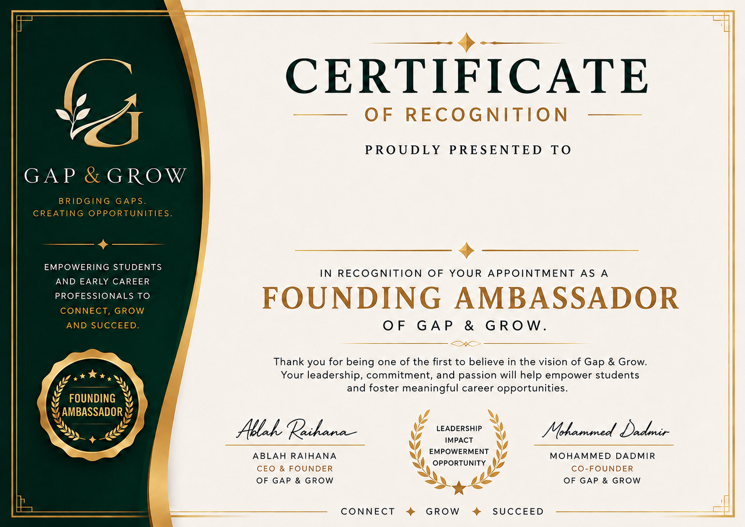 Gap & Grow Founding Ambassador Certificate of Recognition